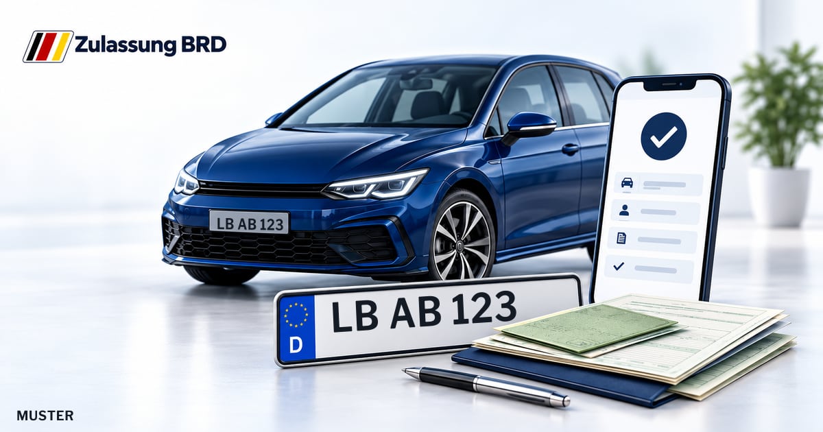Online Fahrzeugzulassung in Besigheim: Musterkennzeichen LB AB 123, Auto und Fahrzeugpapiere und Smartphone. Illustration mit Logo von Zulassung BRD.